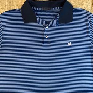 Southern Marsh short sleeved athletic polo. Mens size Large. Blue & navy stripe